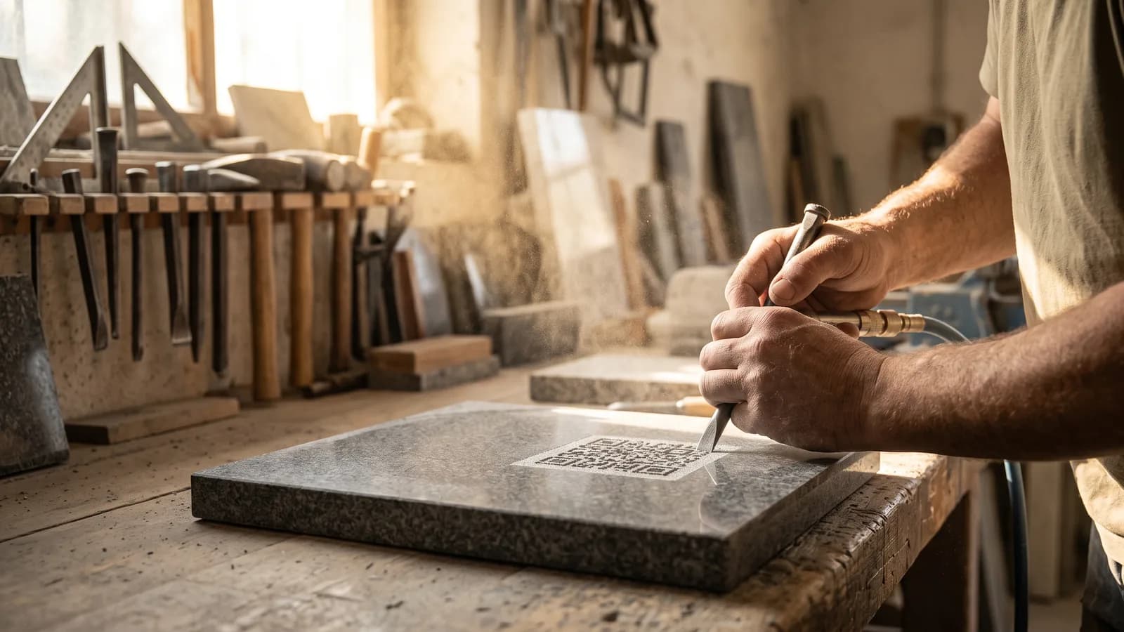 Un marbrier grave avec soin un petit QR code sur une plaque de granit, dans son atelier lumineux