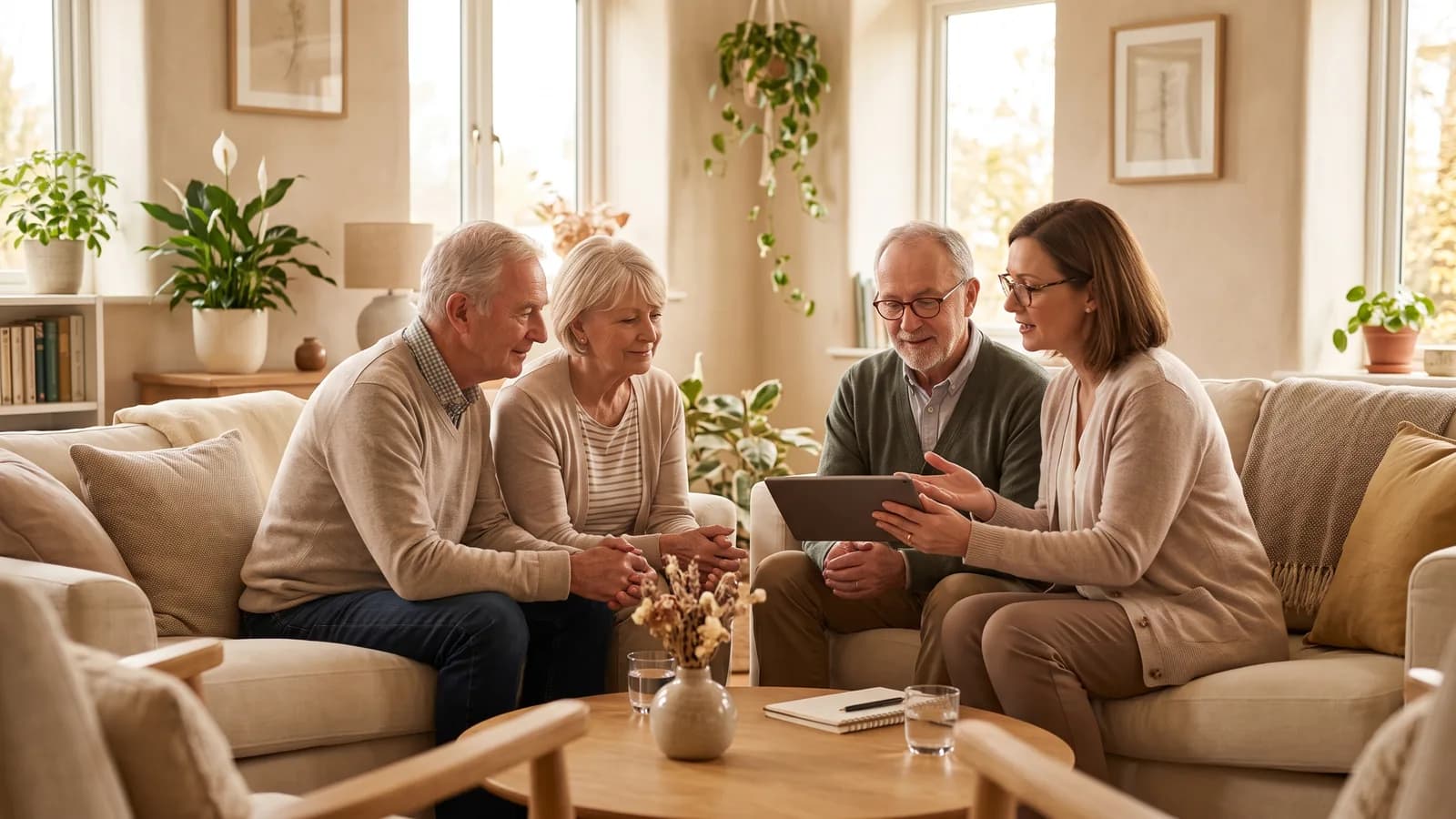 Une conseillère funéraire bienveillante présente une tablette à un couple de retraités, dans un bureau chaleureux et lumineux